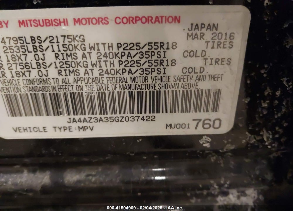 2016 MITSUBISHI OUTLANDER VIN: JA4AZ3A35GZ037422