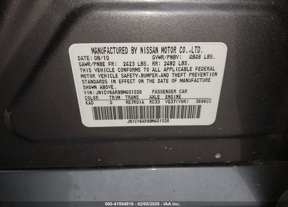 2011 INFINITI G37X VIN: JN1CV6AR9BM401026