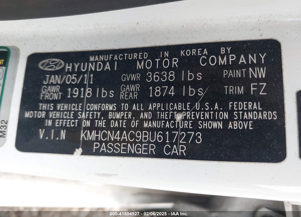 2011 HYUNDAI ACCENT GLS VIN: KMHCN4AC9BU617273