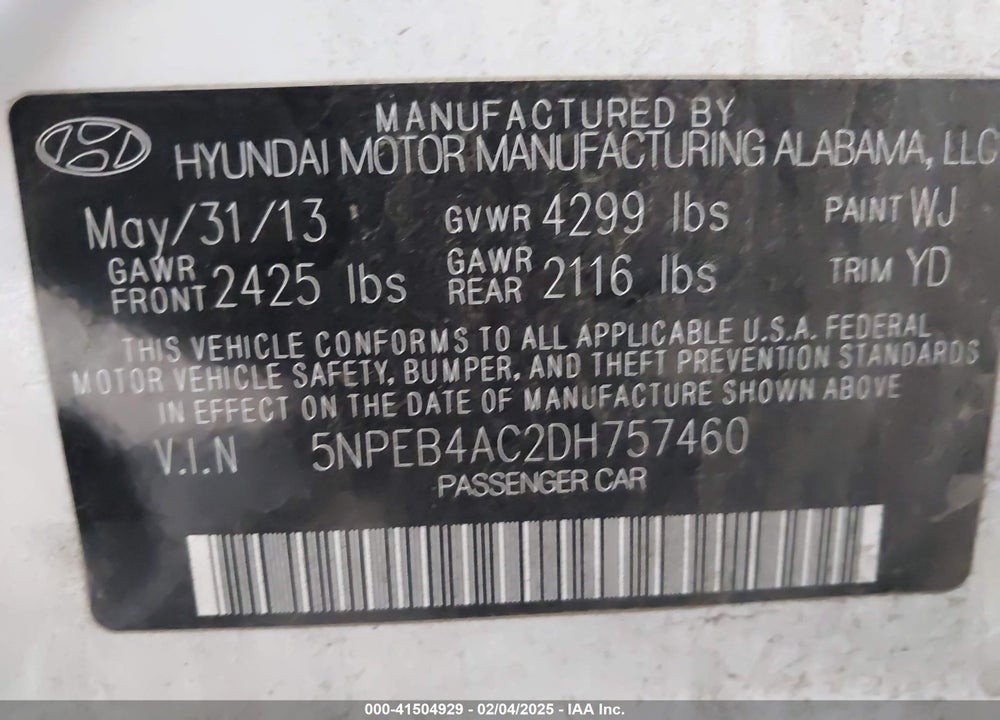 2013 HYUNDAI SONATA VIN: 5NPEB4AC2DH757460
