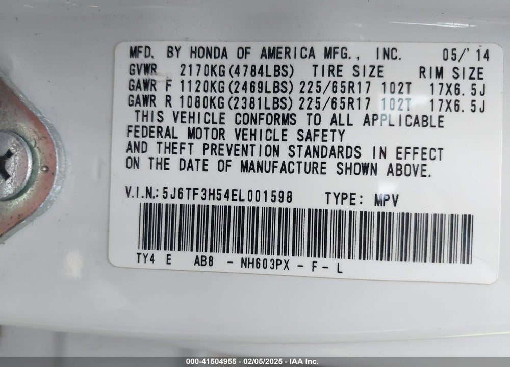 2014 HONDA CROSSTOUR VIN: 5J6TF3H54EL001598