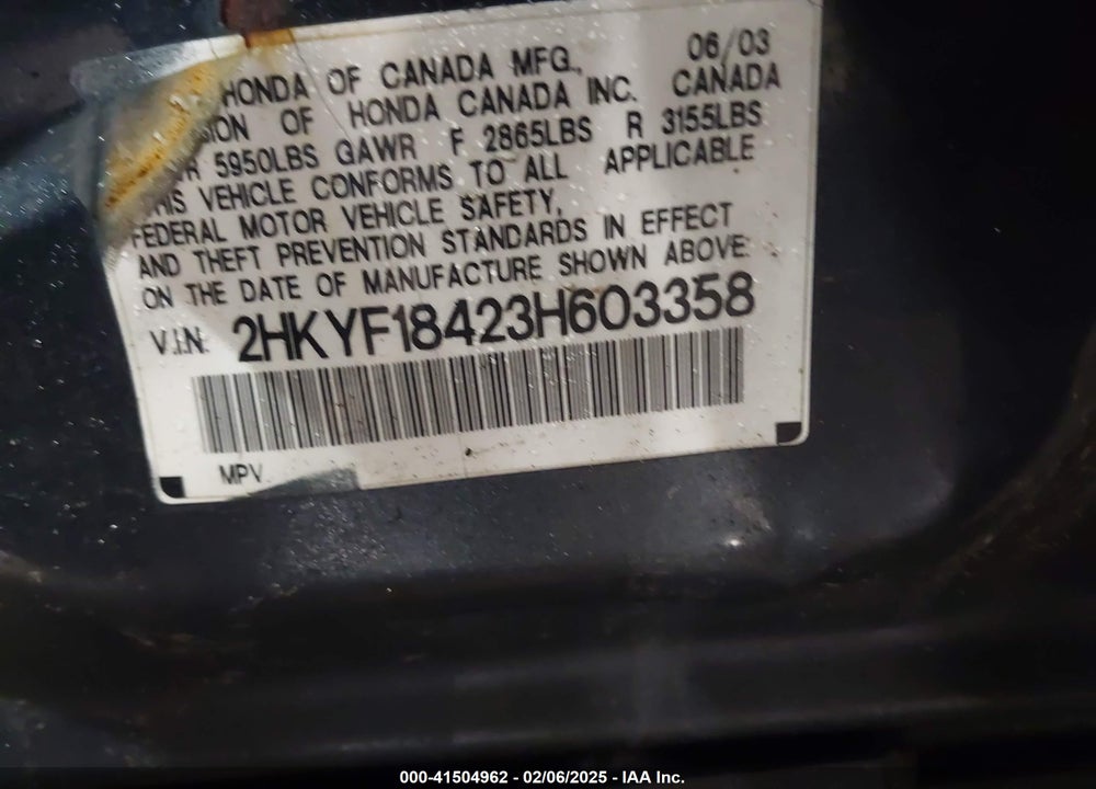 2003 HONDA PILOT EX VIN: 2HKYF18423H603358