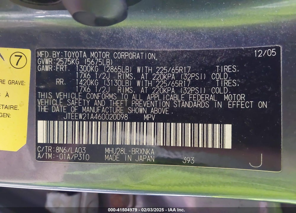 2006 TOYOTA HIGHLANDER HYBRID LIMITED V6 VIN: JTEEW21A460020098