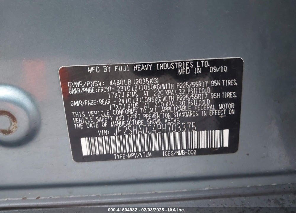 2011 SUBARU FORESTER 2.5X PREMIUM VIN: JF2SHADC4BH703375