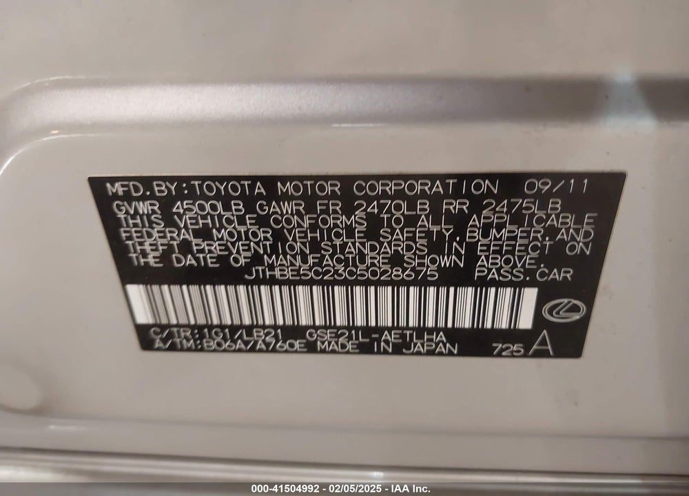 2012 LEXUS IS 350 VIN: JTHBE5C23C5028675