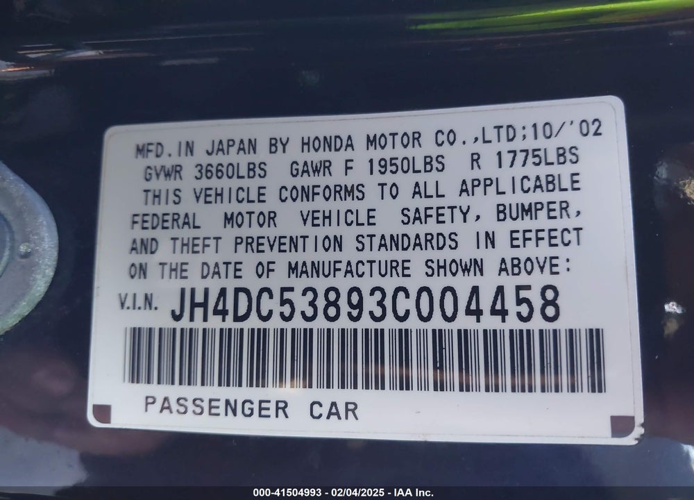 2003 ACURA RSX VIN: JH4DC53893C004458