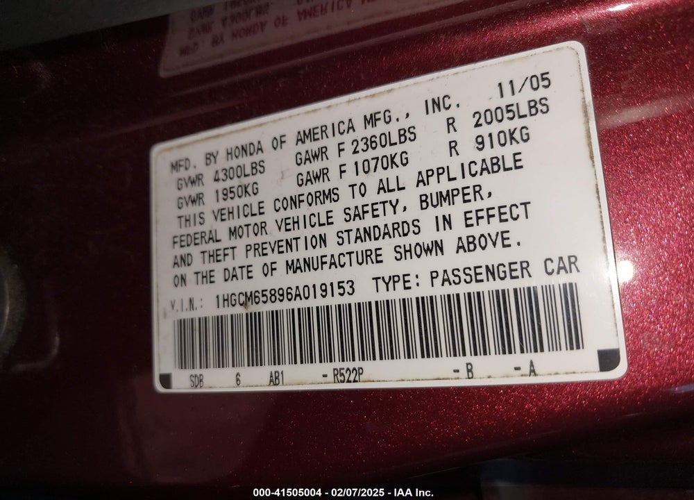 2006 HONDA ACCORD VIN: 1HGCM65896A019153