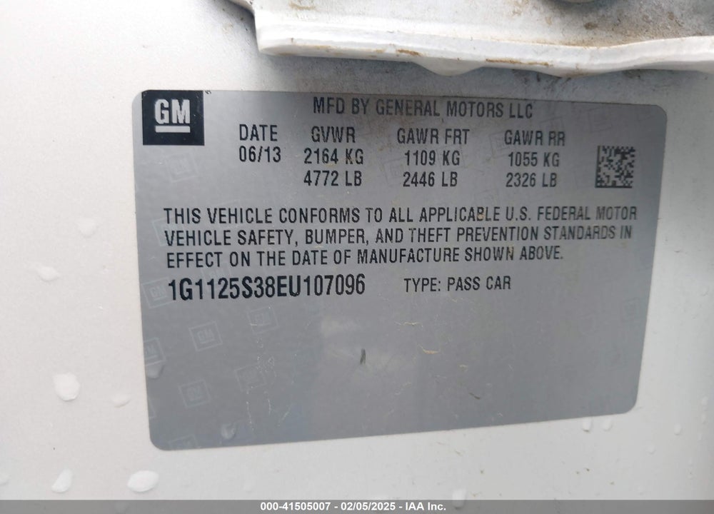 2014 CHEVROLET IMPALA VIN: 1G1125S38EU107096