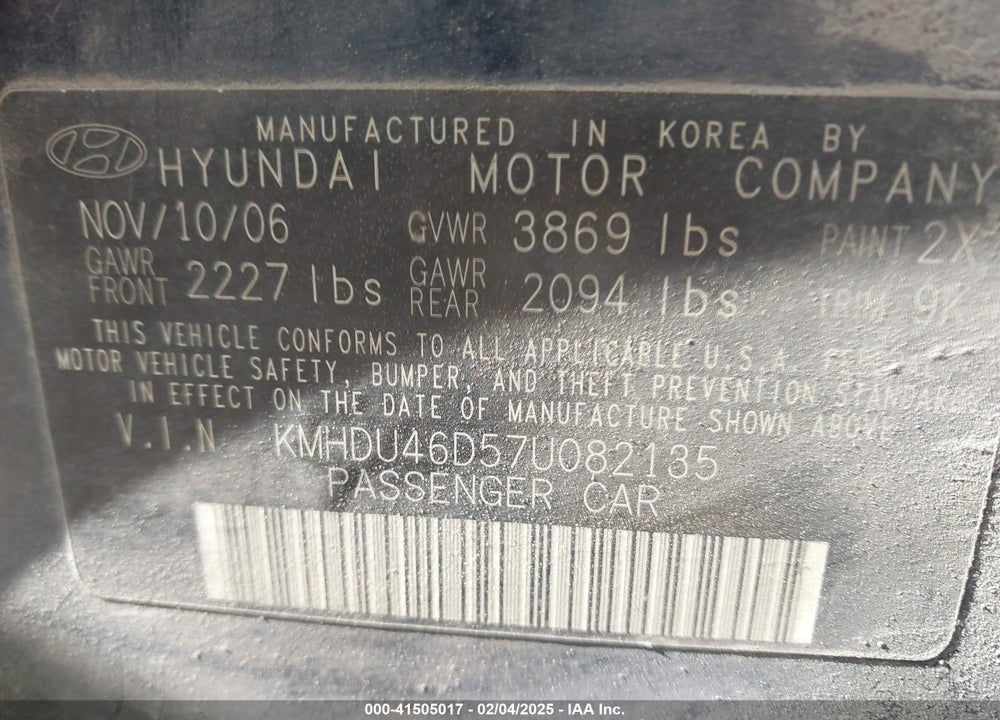 2007 HYUNDAI ELANTRA GLS/LIMITED/SE VIN: KMHDU46D57U082135