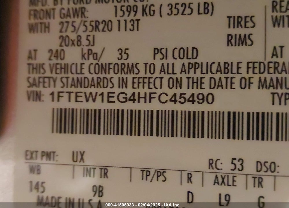 2017 FORD F-150 VIN: 1FTEW1EG4HFC45490