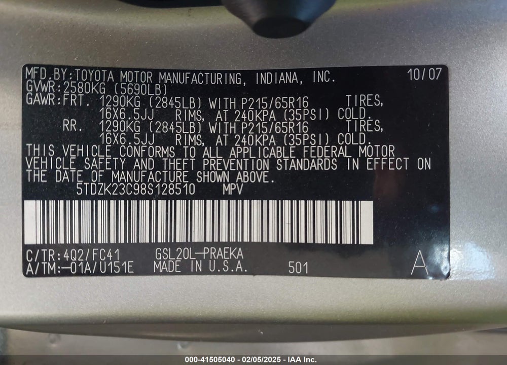 2008 TOYOTA SIENNA VIN: 5TDZK23C98S128510