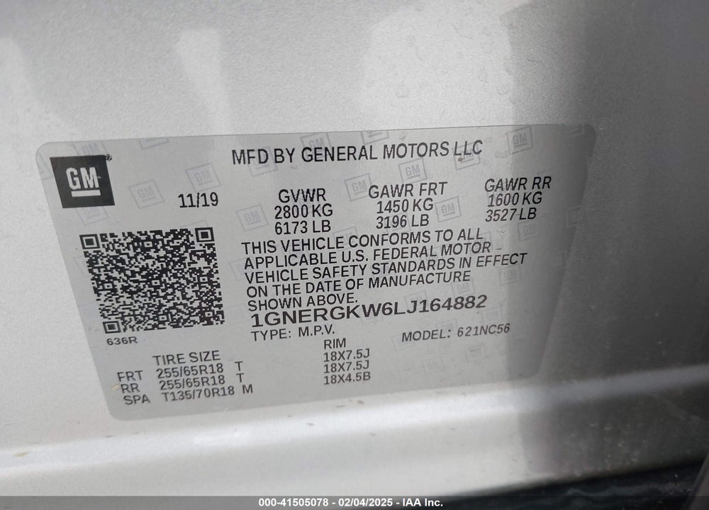 2020 CHEVROLET TRAVERSE VIN: 1GNERGKW6LJ164882