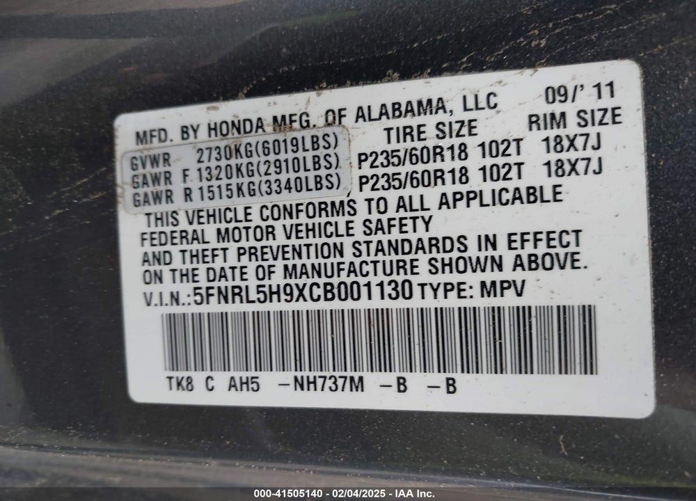 2012 HONDA ODYSSEY VIN: 5FNRL5H9XCB001130