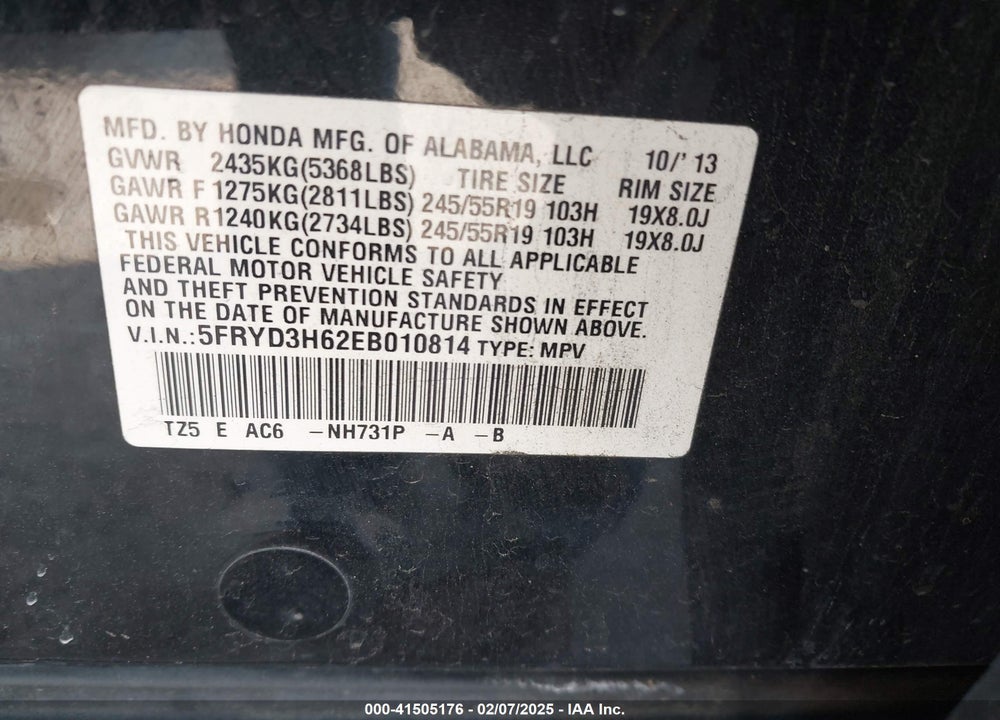 2014 ACURA MDX TECHNOLOGY PKG W/ENTERTAINMENT PKG VIN: 5FRYD3H62EB010814