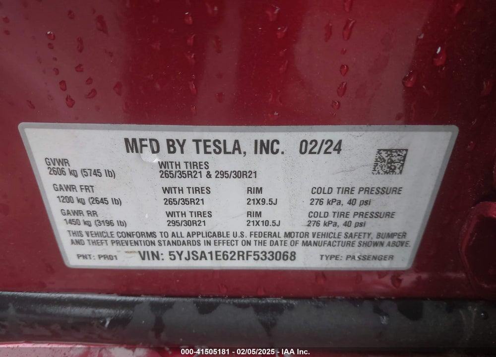 2024 TESLA MODEL S VIN: 5YJSA1E62RF533068