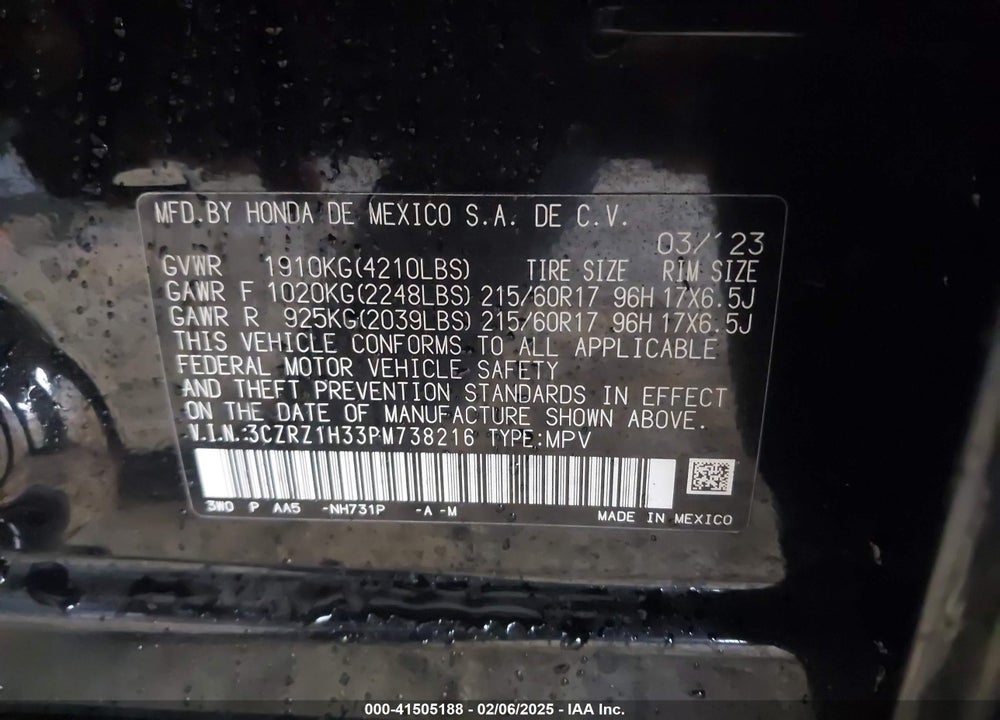 2023 HONDA HR-V 2WD LX VIN: 3CZRZ1H33PM738216