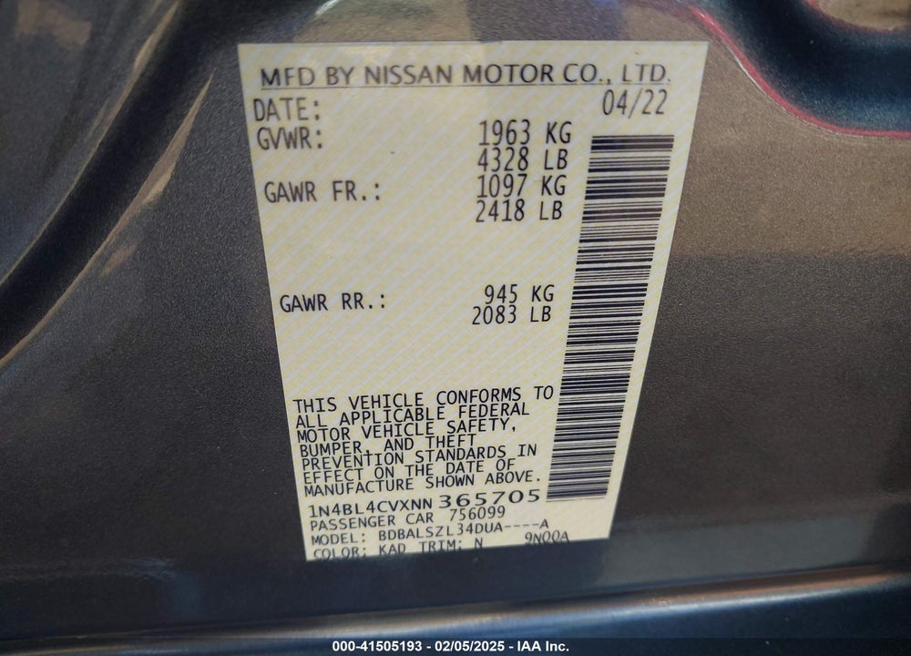 2022 NISSAN ALTIMA VIN: 1N4BL4CVXNN365705