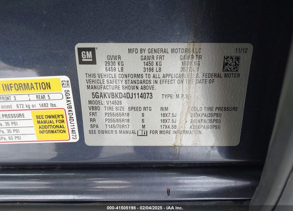 2013 BUICK ENCLAVE CONVENIENCE VIN: 5GAKVBKD4DJ114073