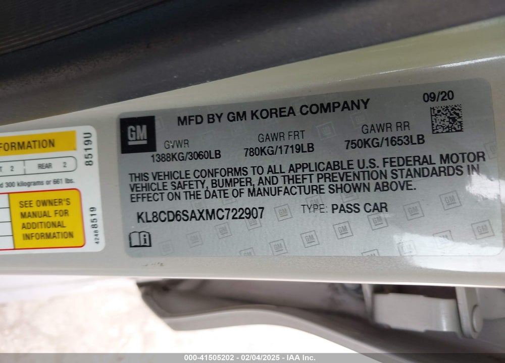 2021 CHEVROLET SPARK VIN: KL8CD6SAXMC722907