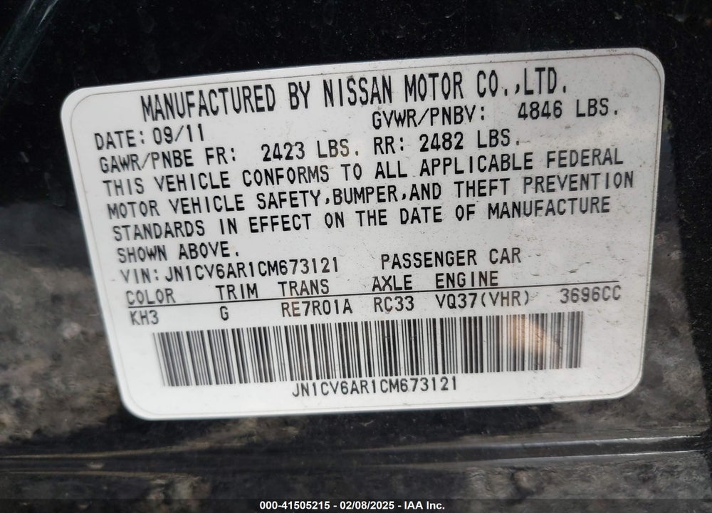 2012 INFINITI G37X VIN: JN1CV6AR1CM673121