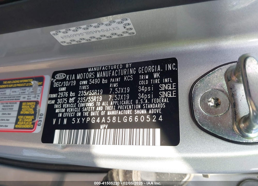 2020 KIA SORENTO 3.3L S VIN: 5XYPG4A58LG660524