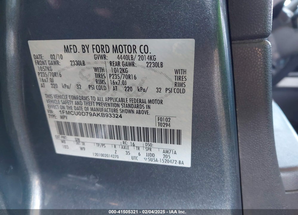 2010 FORD ESCAPE XLT VIN: 1FMCU0D79AKB93324