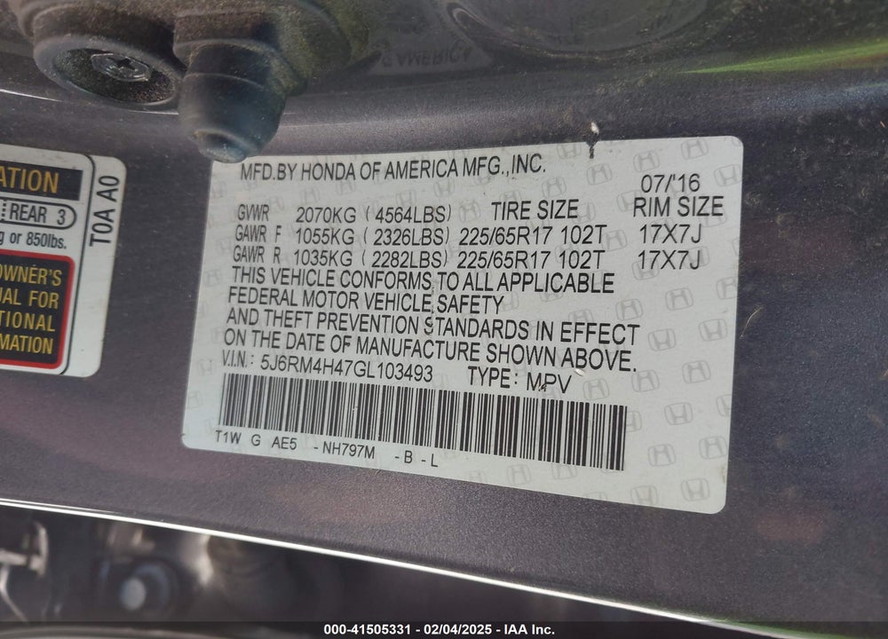 2016 HONDA CR-V SE VIN: 5J6RM4H47GL103493