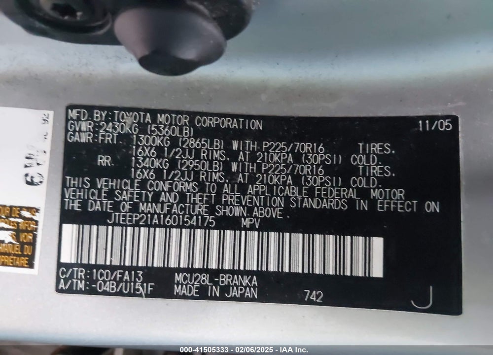 2006 TOYOTA HIGHLANDER V6 VIN: JTEEP21A160154175