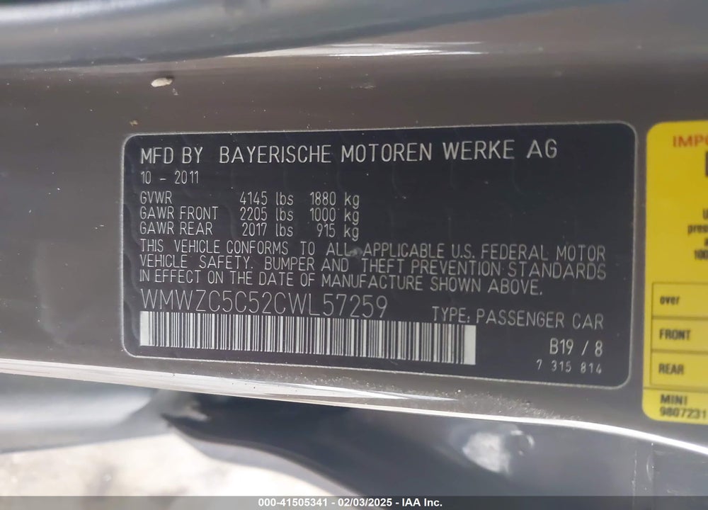 2012 MINI COOPER S COUNTRYMAN VIN: WMWZC5C52CWL57259