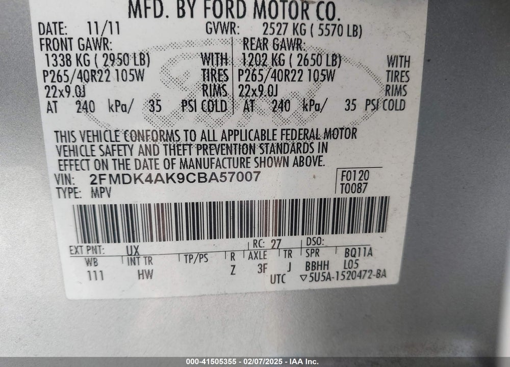 2012 FORD EDGE SPORT VIN: 2FMDK4AK9CBA57007