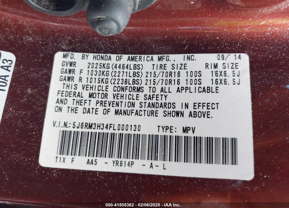 2015 HONDA CR-V LX VIN: 5J6RM3H34FL000130
