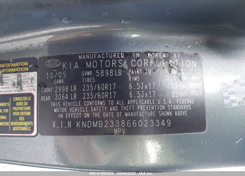 2006 KIA SEDONA EX/LX VIN: KNDMB233866023349