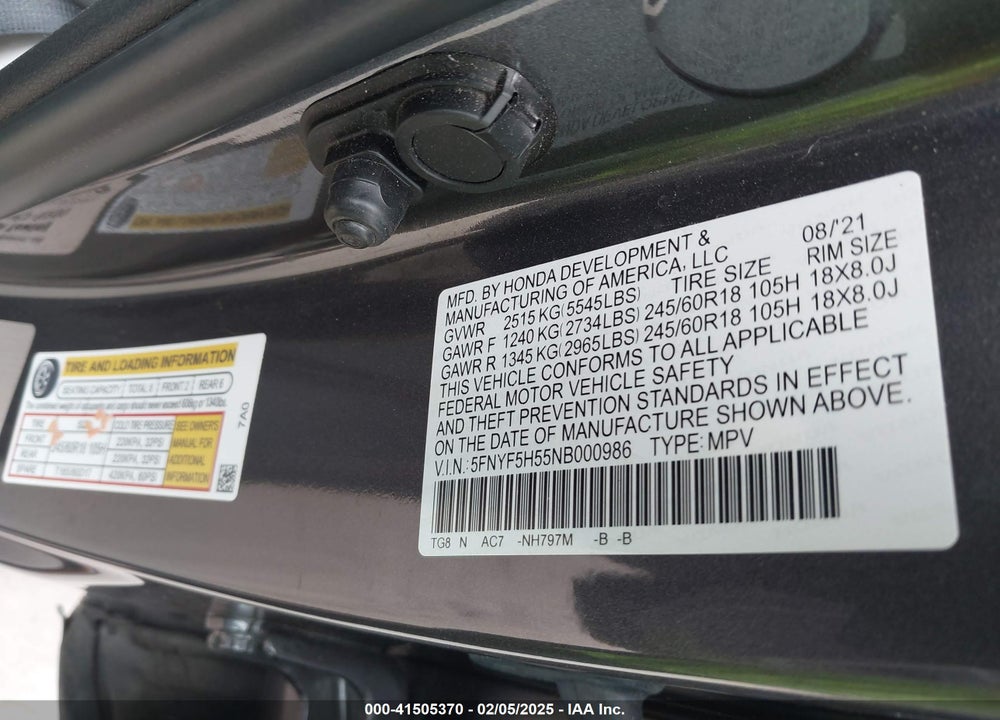 2022 HONDA PILOT 2WD EX-L VIN: 5FNYF5H55NB000986