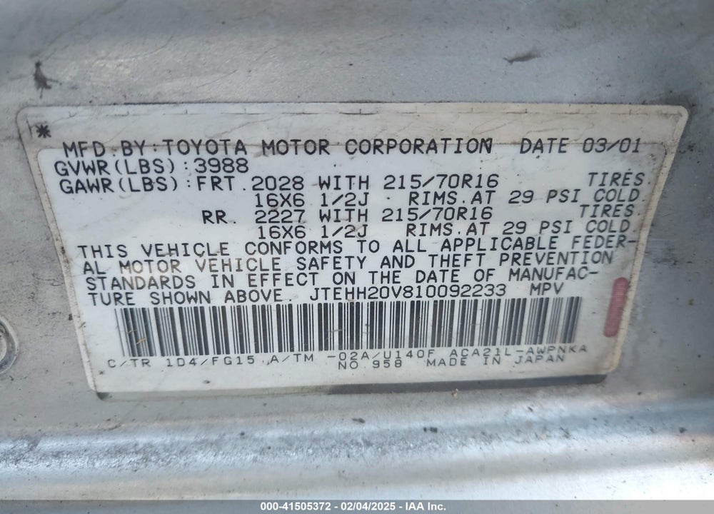 2001 TOYOTA RAV4 VIN: JTEHH20V810092233