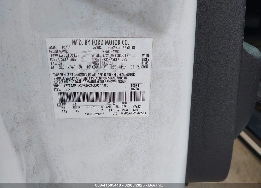 2012 FORD F-150 XL VIN: 1FTMF1CM9CKD04165