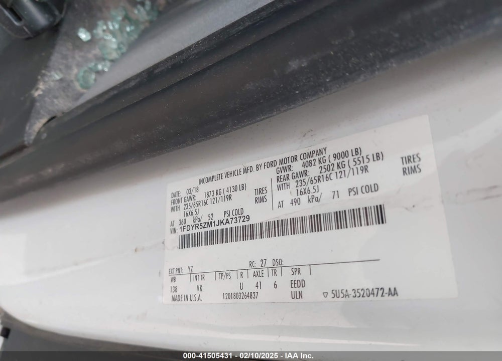 2018 FORD TRANSIT-250 CAB VIN: 1FDYR5ZM1JKA73729