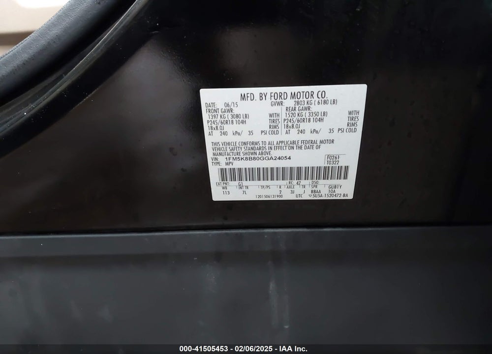 2016 FORD EXPLORER VIN: 1FM5K8B80GGA24054