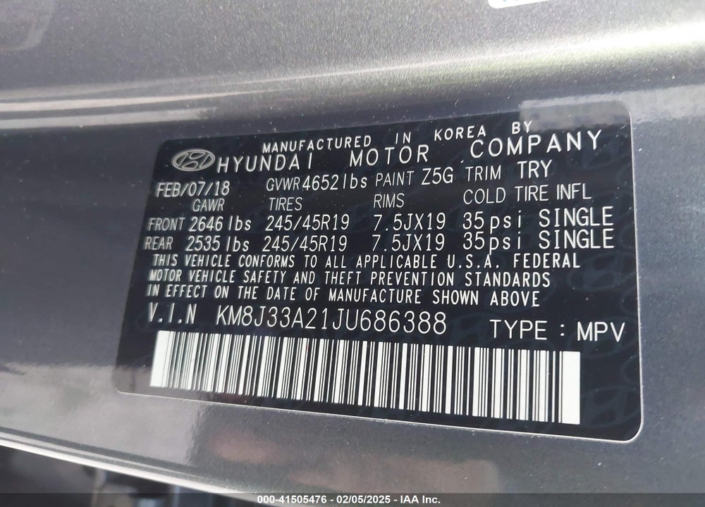 2018 HYUNDAI TUCSON VALUE VIN: KM8J33A21JU686388
