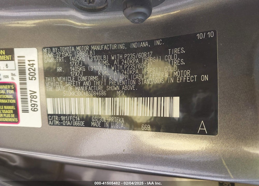 2011 TOYOTA SIENNA VIN: 5TDKK3DC4BS084686