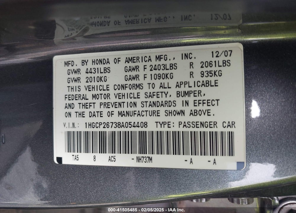 2008 HONDA ACCORD 2.4 EX VIN: 1HGCP26738A054408