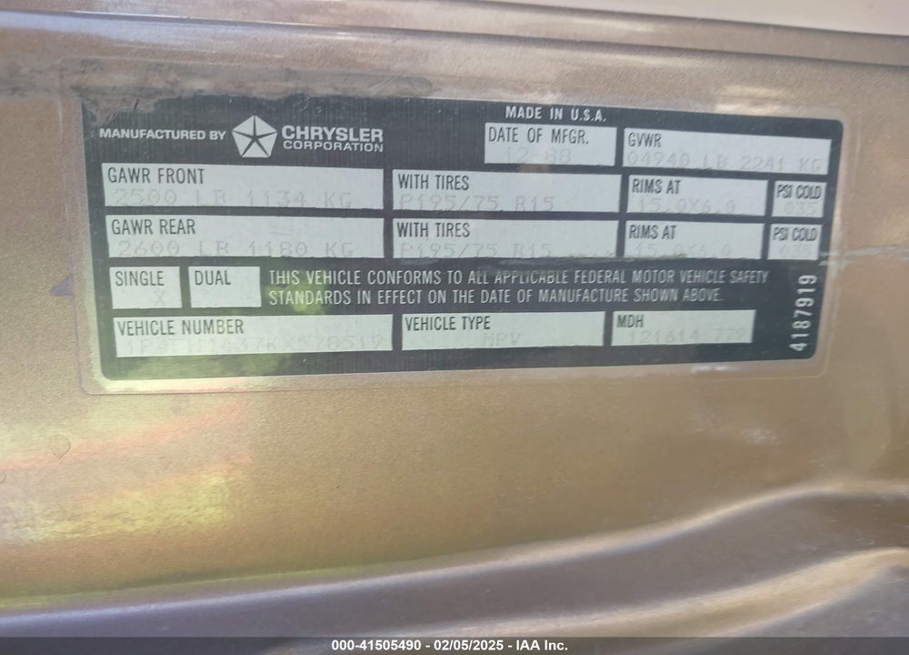 1989 PLYMOUTH GRAND VOYAGER SE VIN: 1P4FH4437KX578519