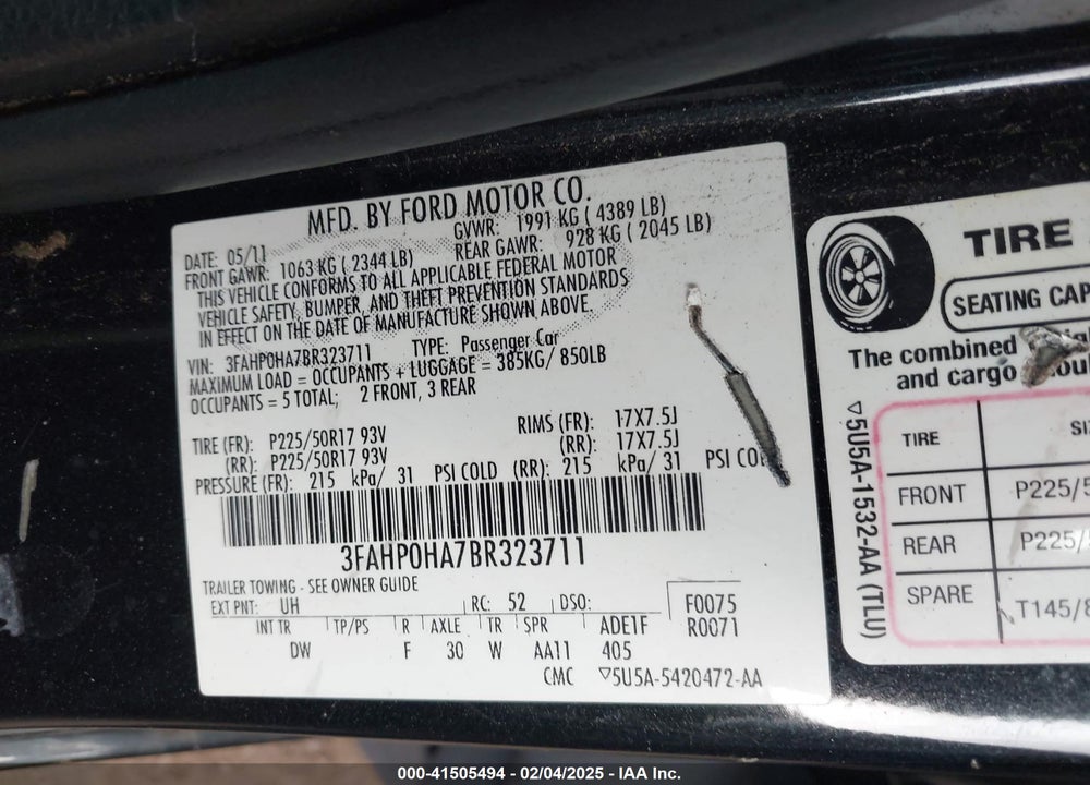 2011 FORD FUSION VIN: 3FAHP0HA7BR323711