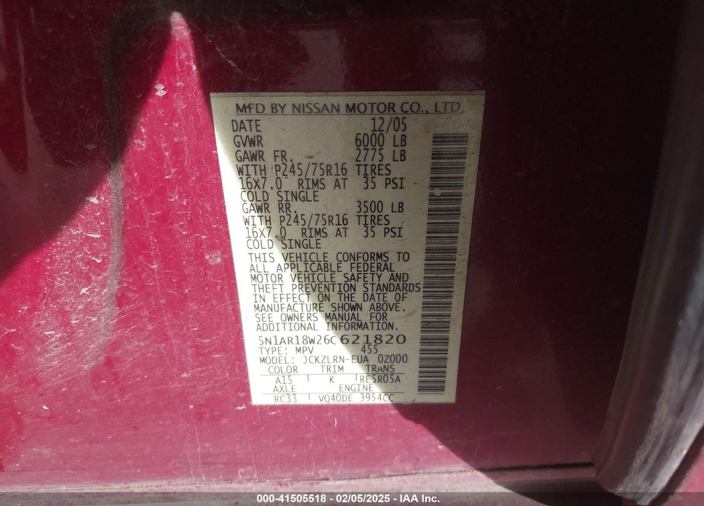 2006 NISSAN PATHFINDER S VIN: 5N1AR18W26C621820