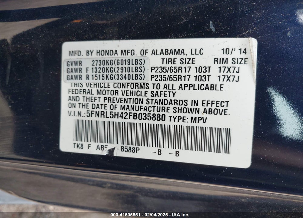 2015 HONDA ODYSSEY EX VIN: 5FNRL5H42FB035880