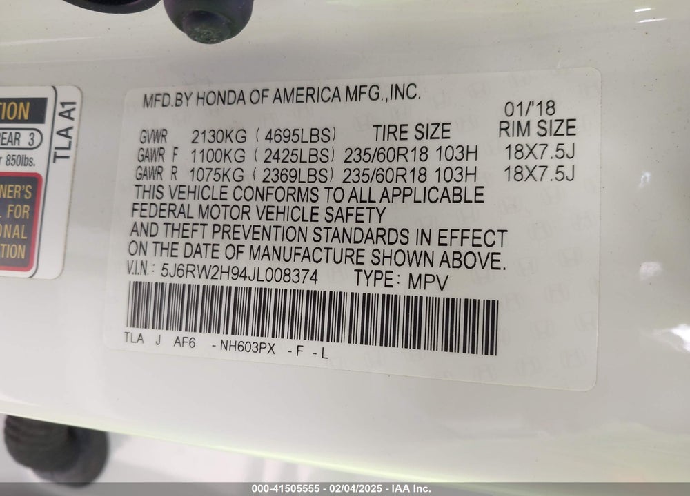 2018 HONDA CR-V TOURING VIN: 5J6RW2H94JL008374