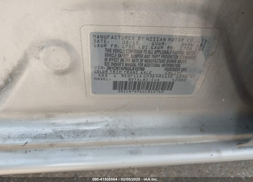 2016 NISSAN VERSA VIN: 3N1CN7AP6GL815760