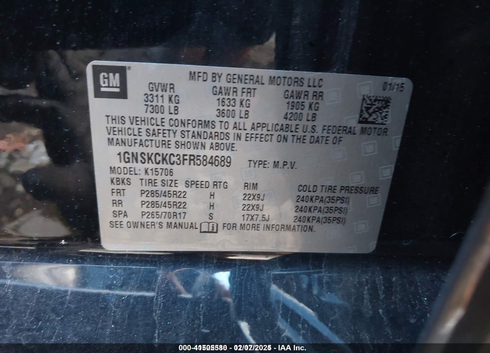 2015 CHEVROLET TAHOE LTZ VIN: 1GNSKCKC3FR584689