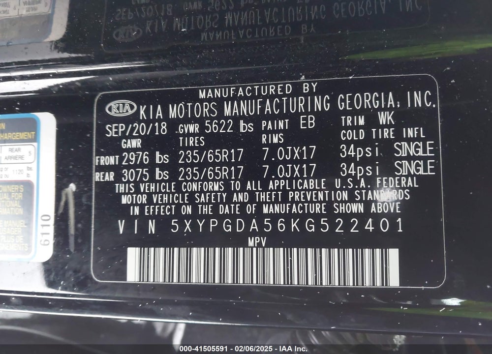 2019 KIA SORENTO 3.3L LX VIN: 5XYPGDA56KG522401