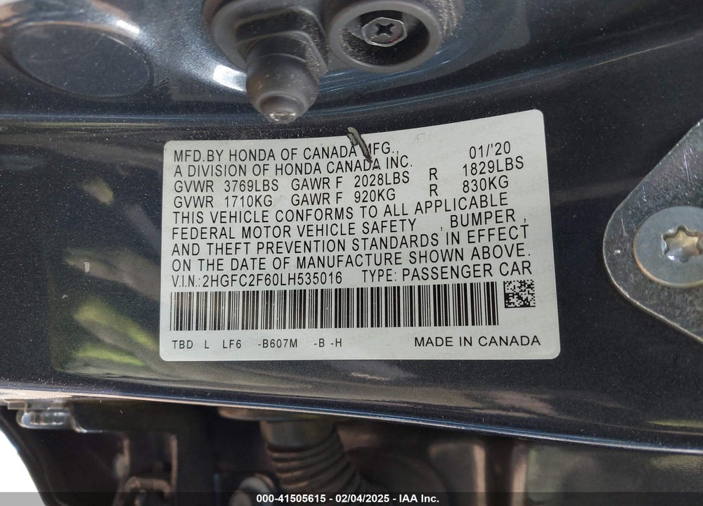 2020 HONDA CIVIC VIN: 2HGFC2F60LH535016