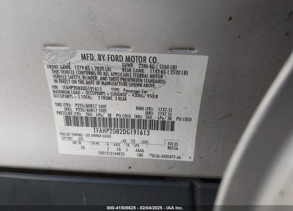 2013 FORD TAURUS VIN: 1FAHP2D82DG191613